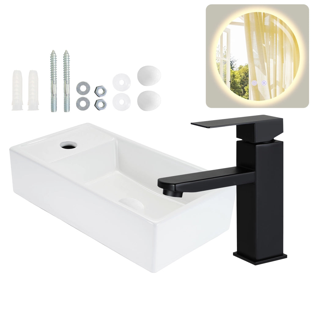 ZMH Lavabo da appoggio rettangolare in ceramica 40x22x10cm bianco lucido