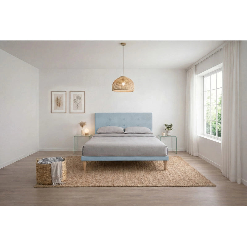 Letto imbottito Letto Matrimoniale alla Francese 140x200 cm Button - Con rete,Microfibra,Azzurro