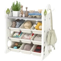 Scaffale Portagiochi a 4 Livelli con 9 Contenitori e Gancio Laterale, in HDPE, 77x42x94 cm, Bianco Crema