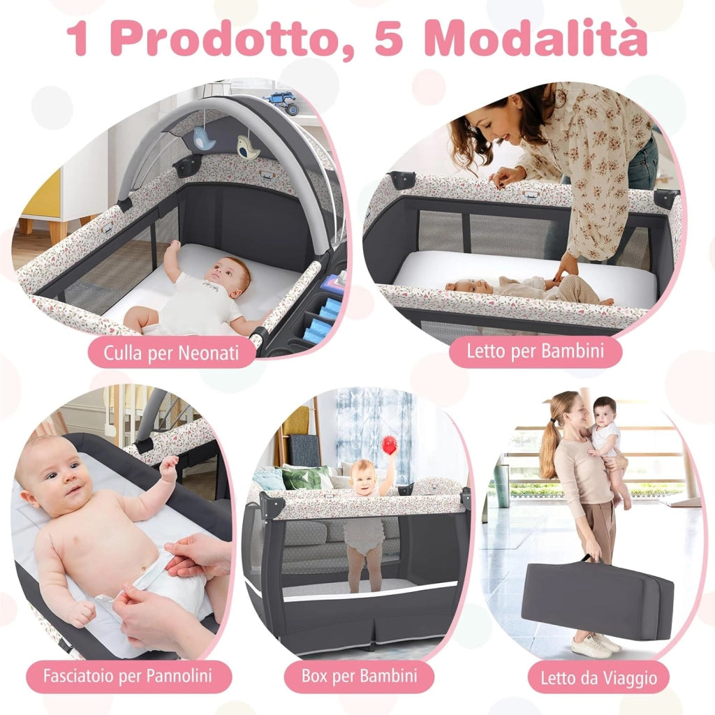 4 in 1 Lettino Neonato con Materasso, Culla da Campeggio con Fasciatoio Cappottina Regolabile, Ruote Bloccabili, Box Piechevole per Bambini 0-36 Mesi (Fiore Piccolo)