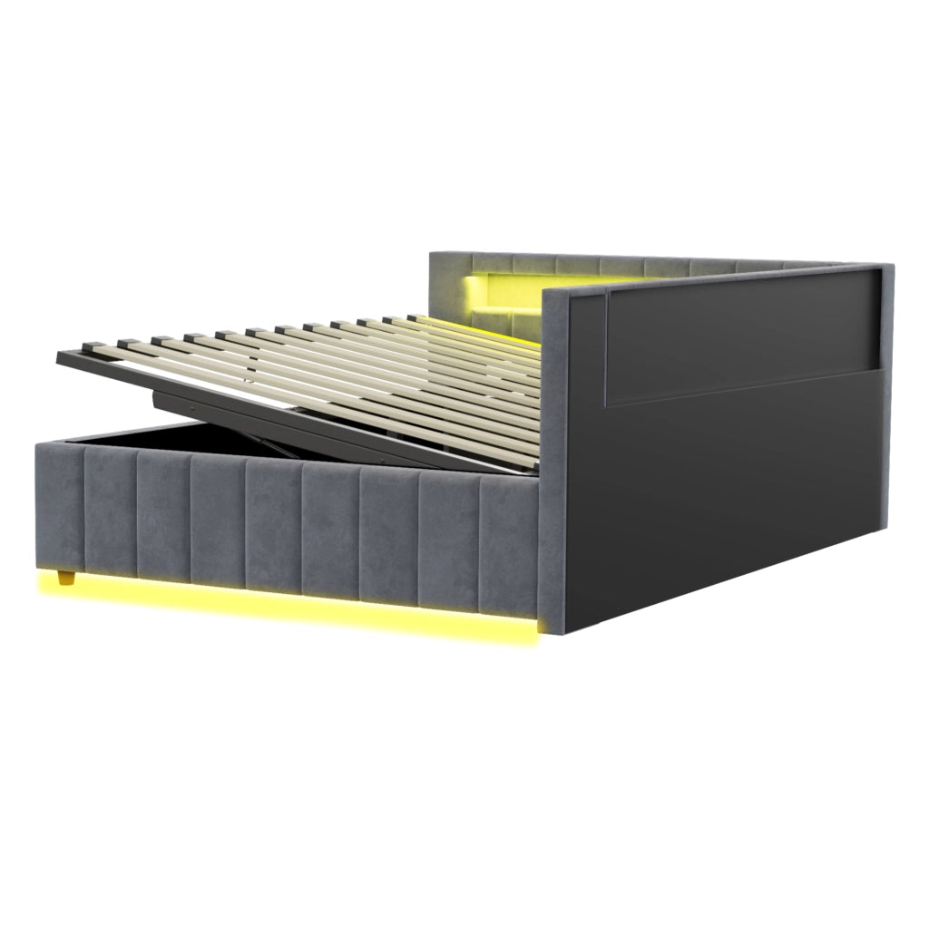 Letto imbottito 140x200 cm; contenitore idraulico con LED e USB; velluto grigio (Senza materasso)