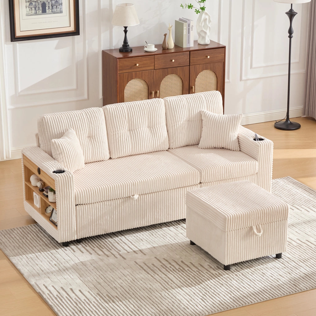 Divano letto estraibile 196x82-144x85 cm con contenitore e USB-C beige