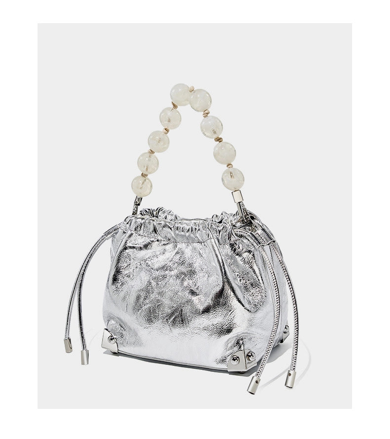 Borsa a mano grande in vera pelle, stile europeo e americano, colore argento.