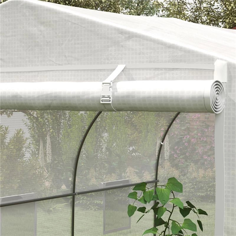 SERRA A TUNNEL PER GIARDINO CON 6 FINESTRE E PORTA A RULLO IN ACCIAIO E PE 3.5X3X2 M BIANCO