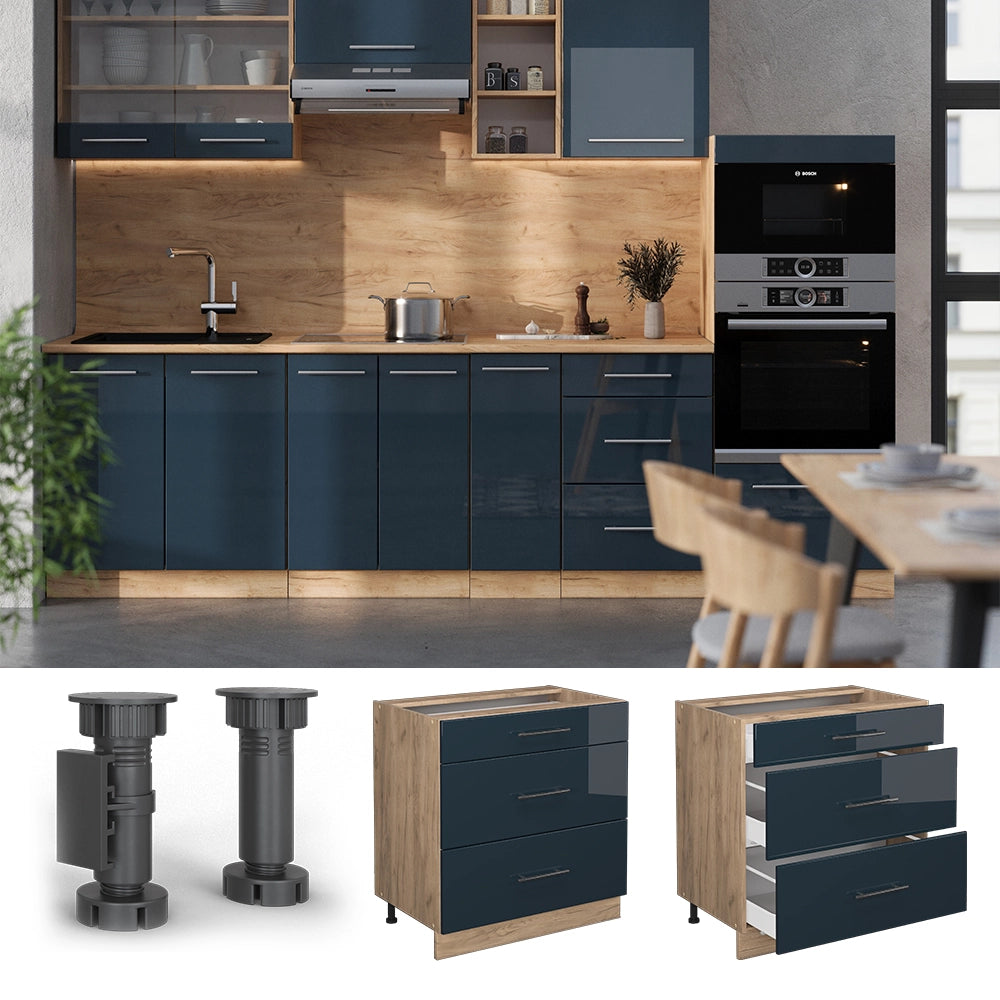 Mobiletto base per cucina Fame-Line Blu scuro lucido/Rovere dorato 80 cm con 3 cassetti, PL Marmo Vicco