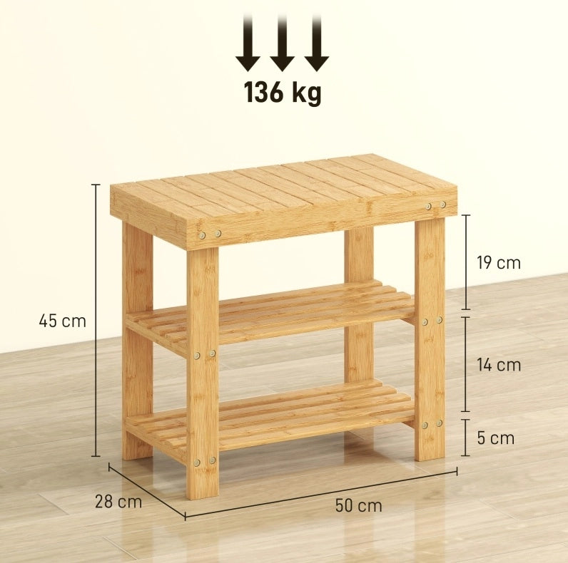 Panca portascarpe 50x28x45 cm naturale in bambù con 2 ripiani