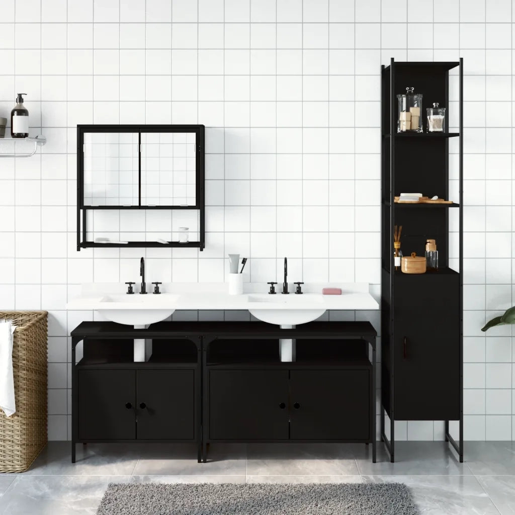 Set Mobili da Bagno 4 pz Nero in Legno Multistrato