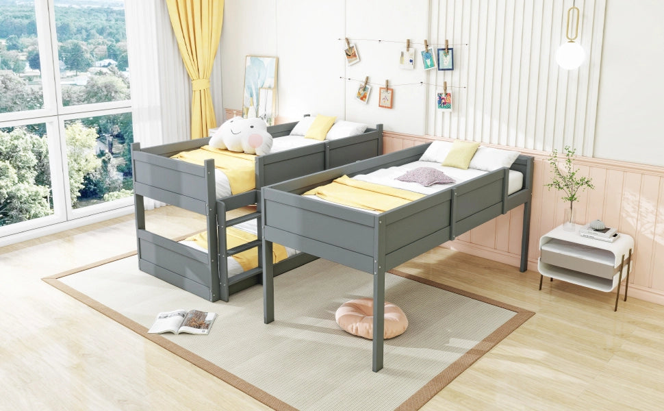 DESMIU Letto a castello 90 × 200 cm 3 posti con protezione alta, senza materasso, in legno, grigio