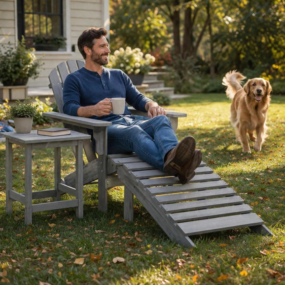 Adirondack Garden Chair With Footrest & Table, Fir Wood, Grey
