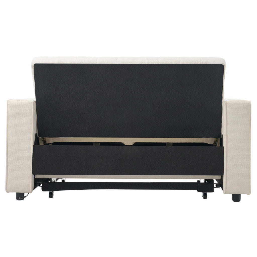 Divano letto 2 posti in chenille beige 140x137x84 cm con USB e schienale reclinabile
