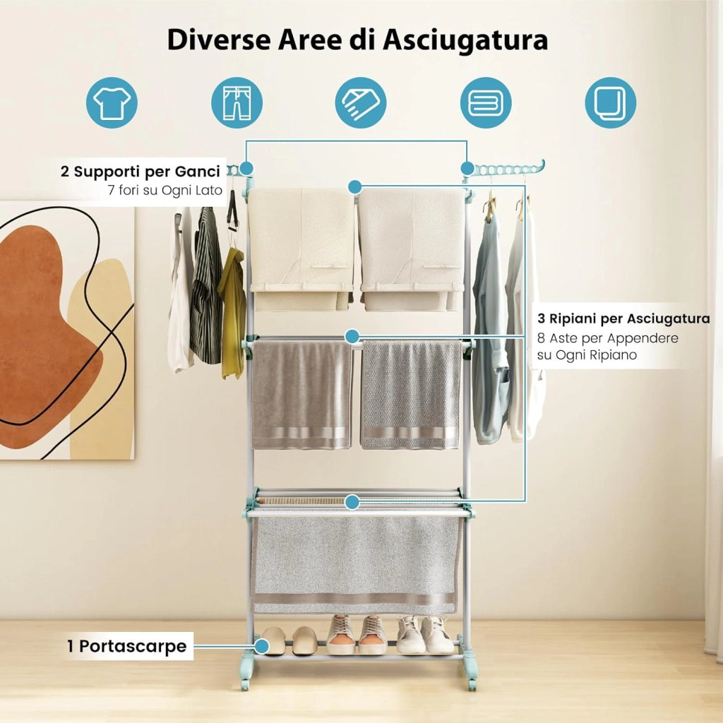 Stendibiancheria a Torre, Stendibiancheria Verticale Salvaspazio con Supporti per Grucce Girevoli e Piani Pieghevoli, Stendino Pieghevole con Ruote, 127 x 63 x 171 cm (Azzurro)