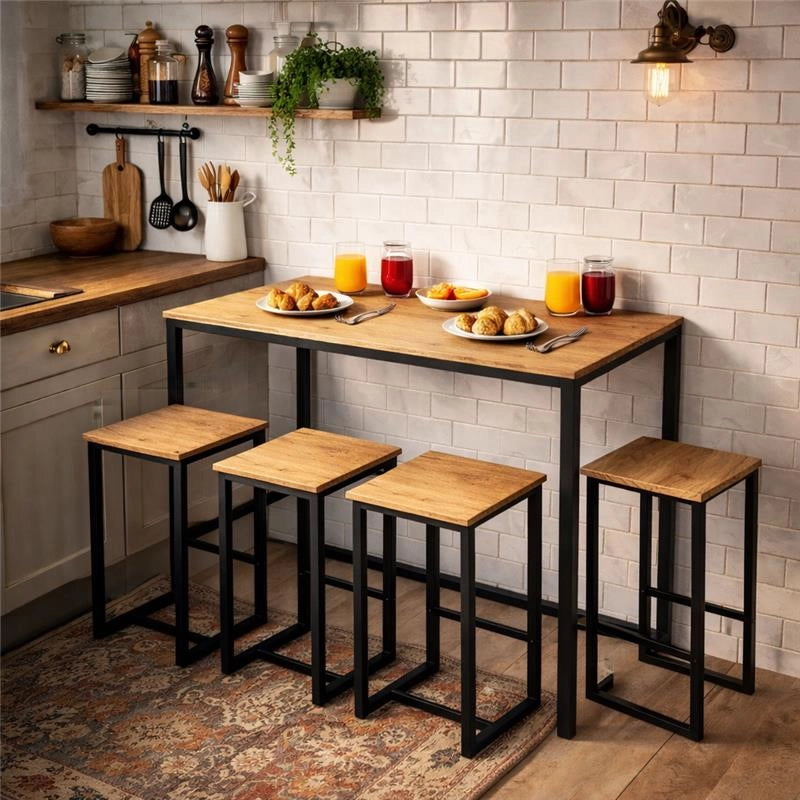 SET TAVOLO CON 4 SGABELI IN LEGNO100X60X87 CM NATURALE
