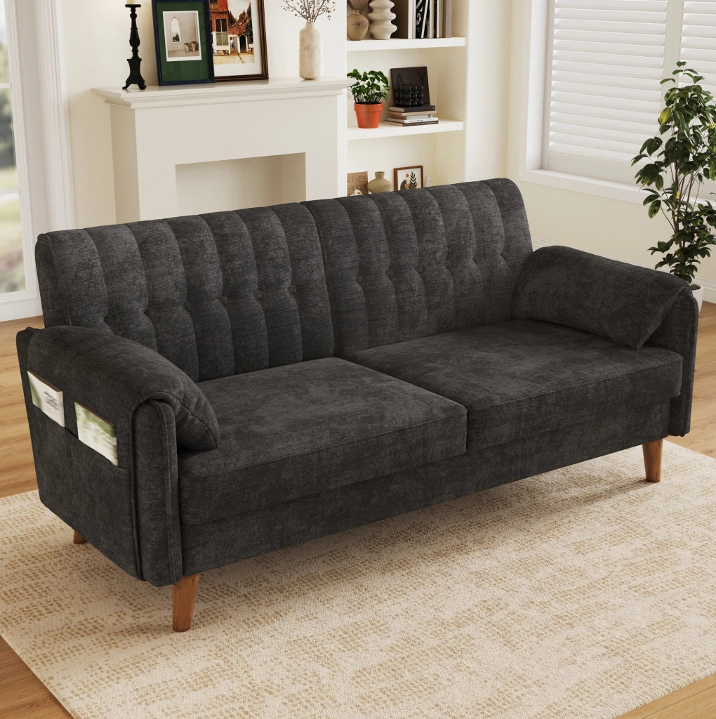 Divano a 2 posti in chenille grigio scuro; 161;5 x 79 x 83;5 cm; con cuscini e struttura in ferro