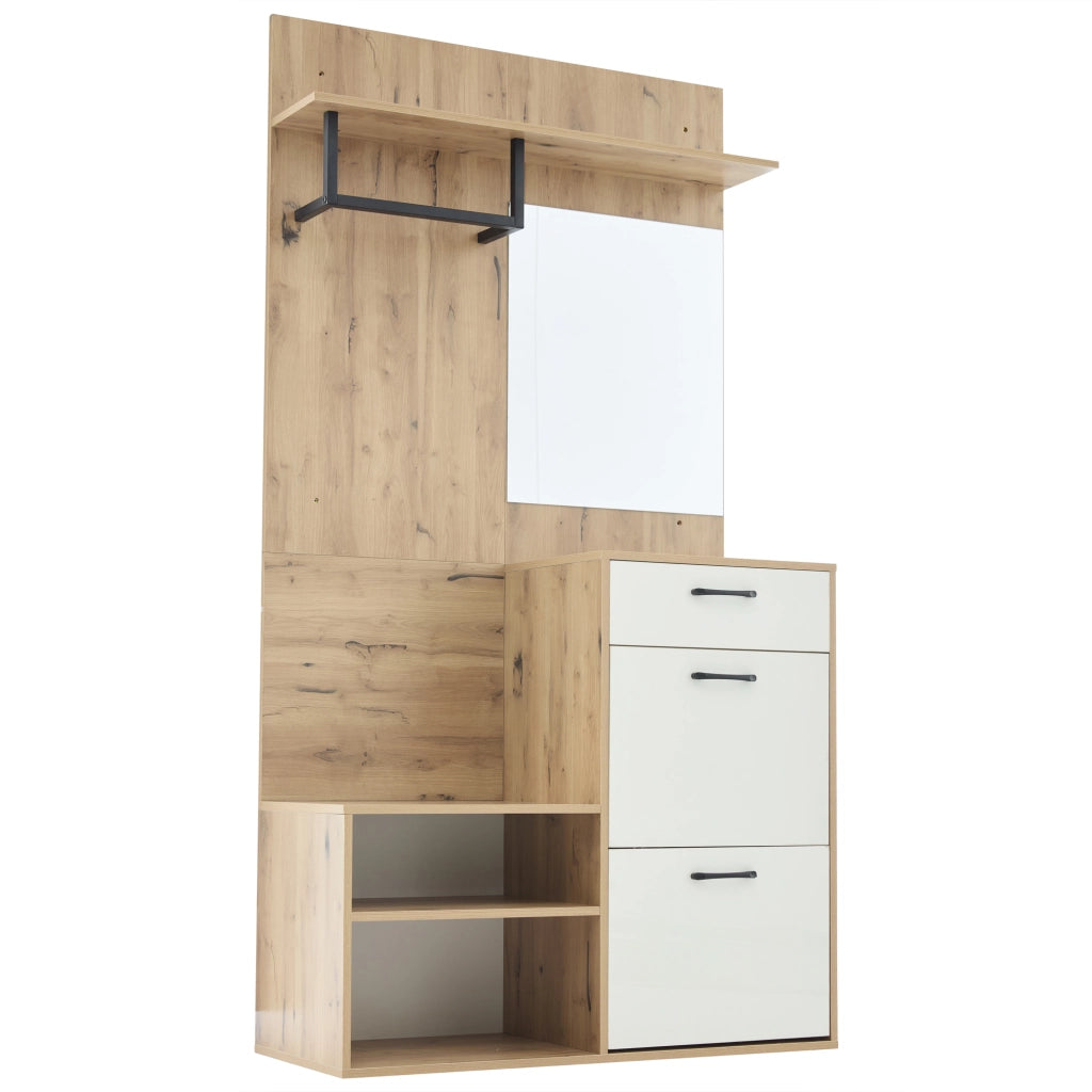 Set Ingresso con Specchio, Scarpiera, Panca e Appendiabiti ¨C MINIMAL ¨C Bianco/Legno, 100x38.5x190