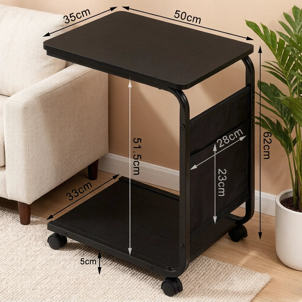 Tavolino a C 50x35x62 cm in legno e metallo nero con ruote e vano contenitore