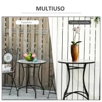 Tavolino da Giardino Piccolo in Metallo e Ceramica, Tavolino con Mosaico da Esterno per Terrazzo o Balcone, Ф60x71cm, Grigio Nero