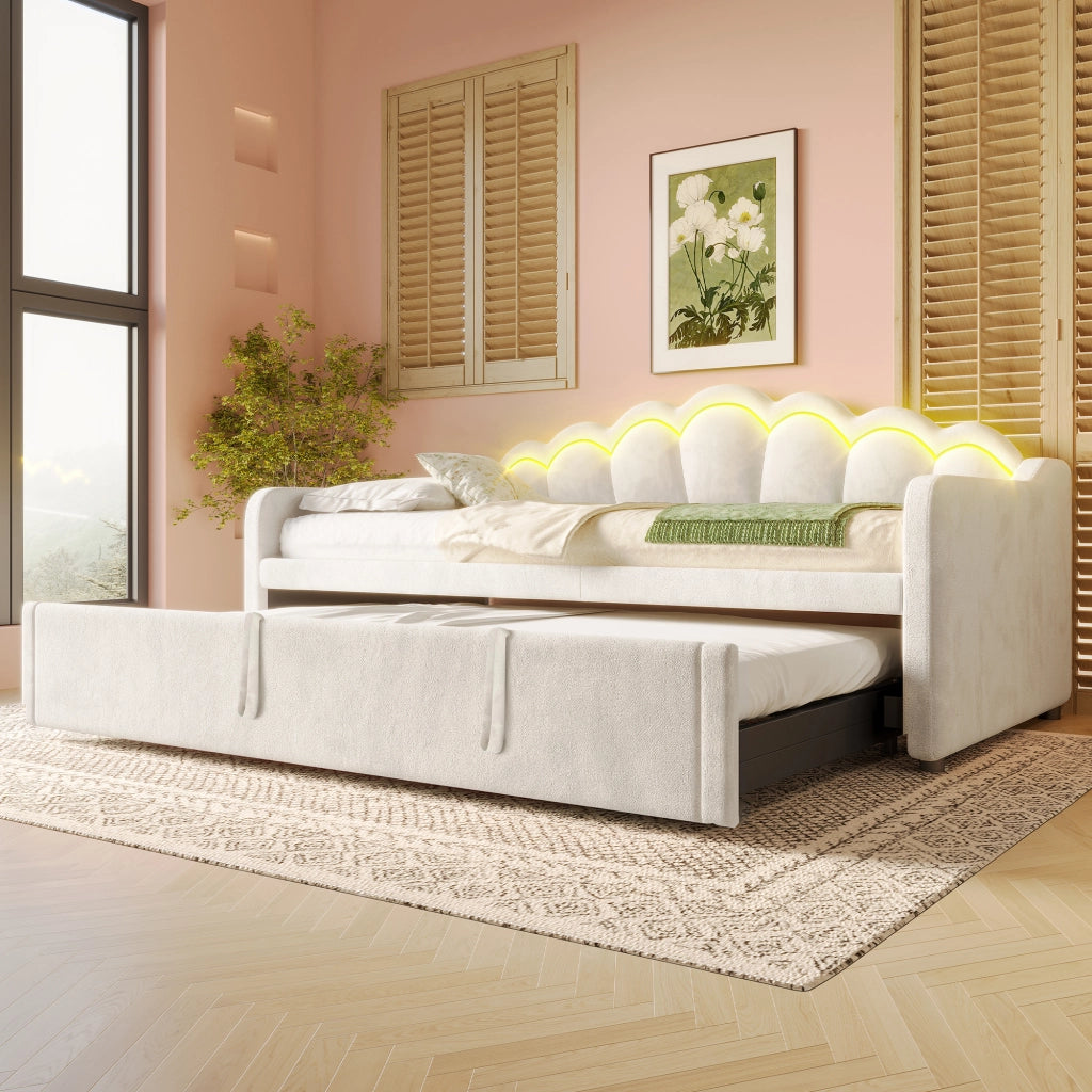 Daybed in velluto beige 90x200 estraibile a 180x200 LED colorati senza materasso