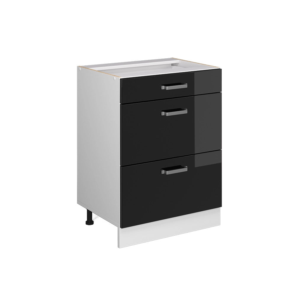 Mobiletto base per cucina R-Line Nero lucido/Bianco 60 cm con cassetti, senza piano di lavoro Vicco