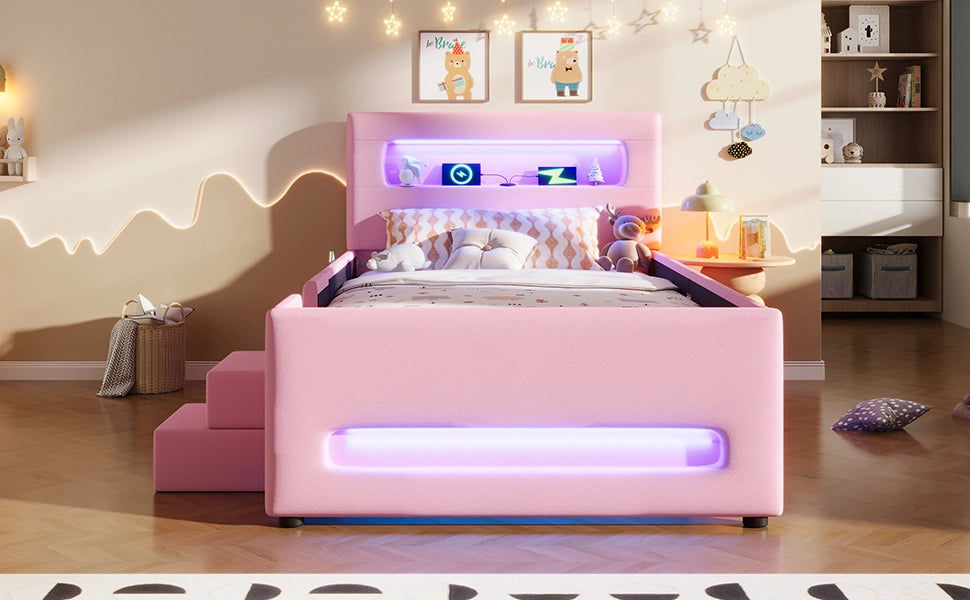 Letto imbottito con luci led, cassetto, prese USB e scaletta, rosa 90x200