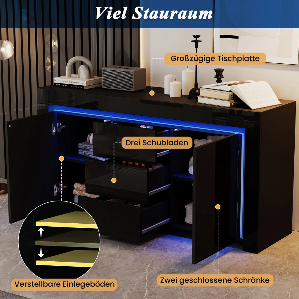 Sideboard nero lucido con LED, 2 ante e 3 cassetti 140 cm