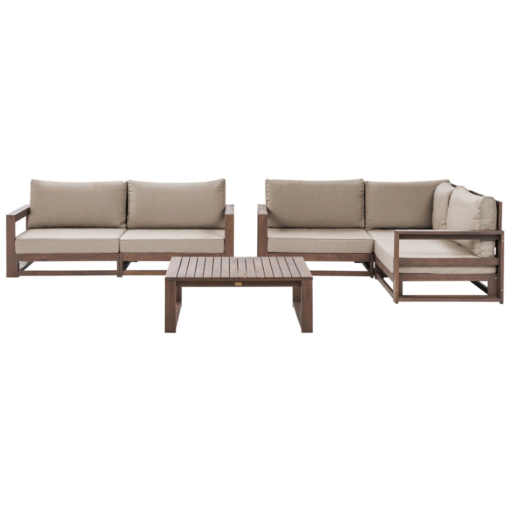 Set da giardino 4 posti in legno di acacia con cuscini tortora moderno elegante