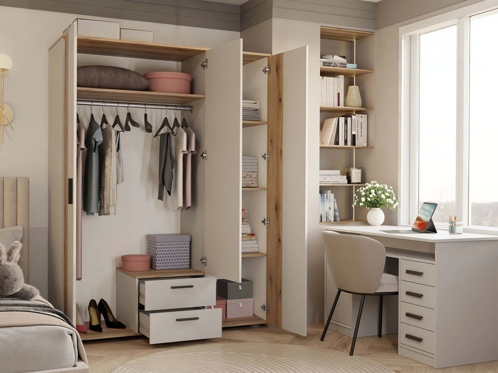 Armadio AVA 150 cm specchio 2 cassetti scanalato frontale rovere EVOKE cashmere beige guardaroba