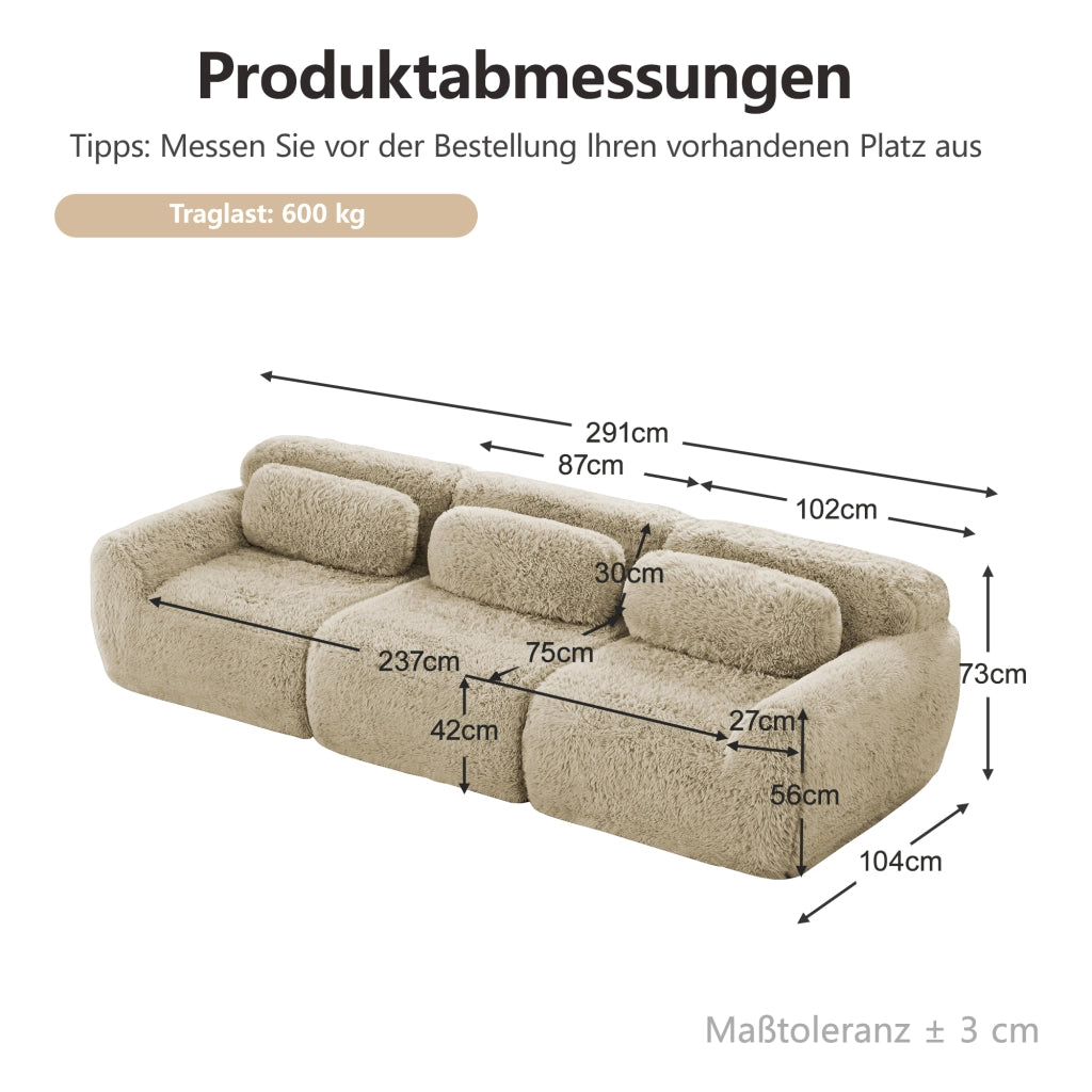 Divano Modulare 3 Posti Sofa Profondo con Design Ergonomico, Cuscini e Base Antiscivolo, in Peluche Cachi Chiaro