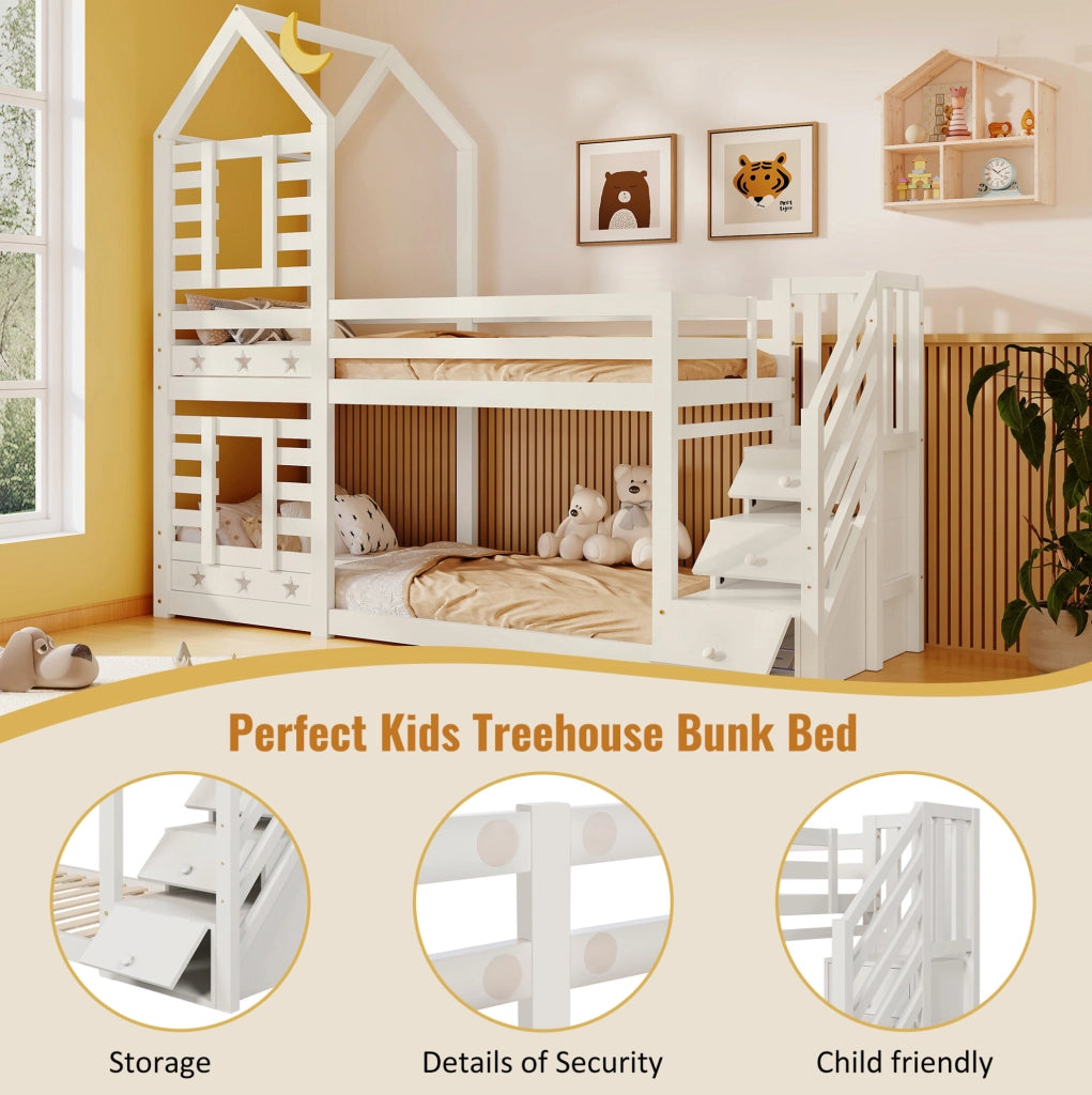 Letto a castello per bambini a forma di casetta con cassetti; 90 x 200 cm; bianco