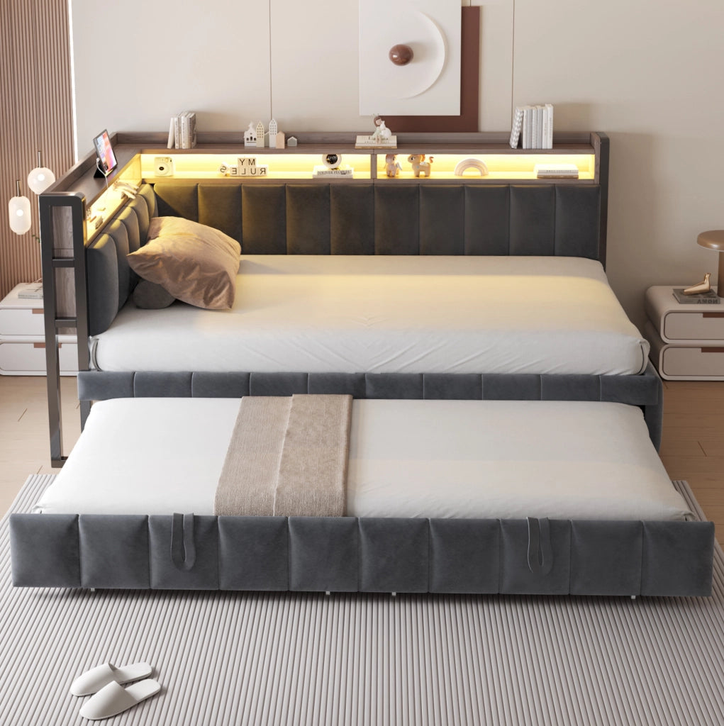 Divano letto estraibile 90x200 cm con LED; USB e Type-C; grigio scuro in velluto