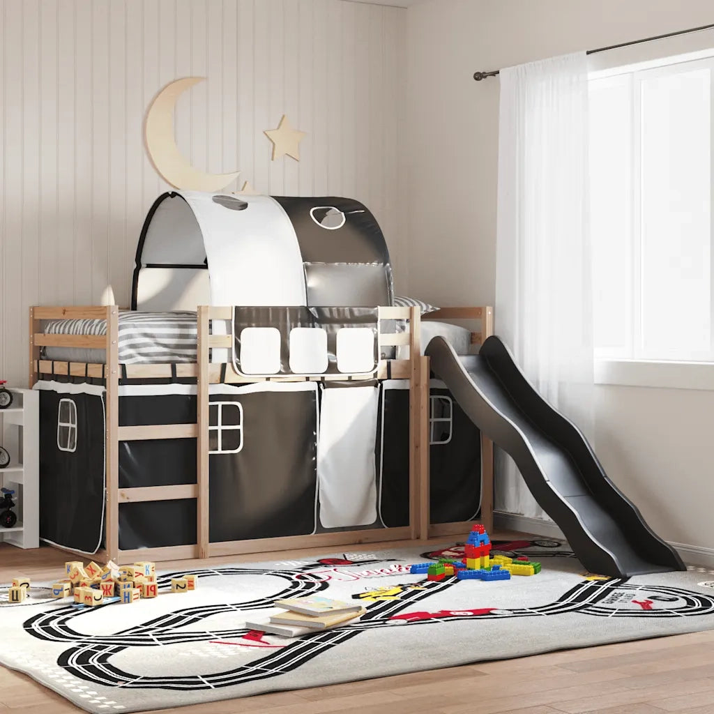 vidaXL Letto a Castello con Scivolo e Tende Bianco e Nero 80x200 cm