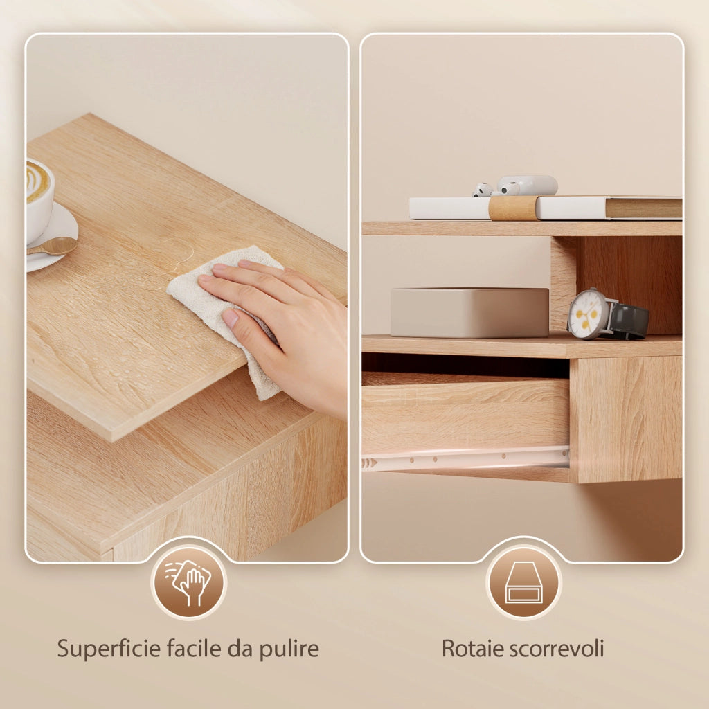 Set di 2 Comodini Sospesi 35x32x22,5 cm con Cassetto e Mensola Aperta in Legno Rovere