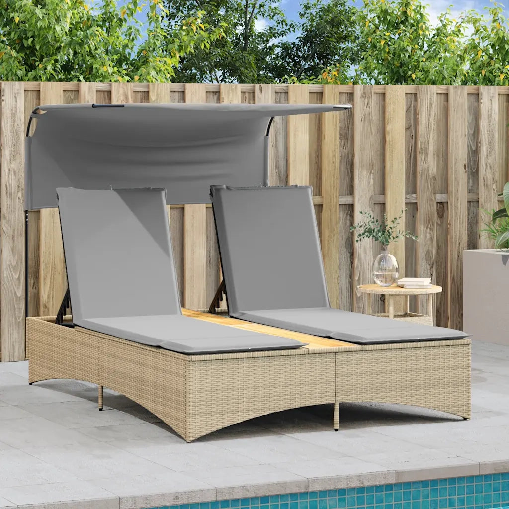 Sdraio da giardino | Lettino Doppio con Baldacchino e Cuscini Beige Misto Polyrattan