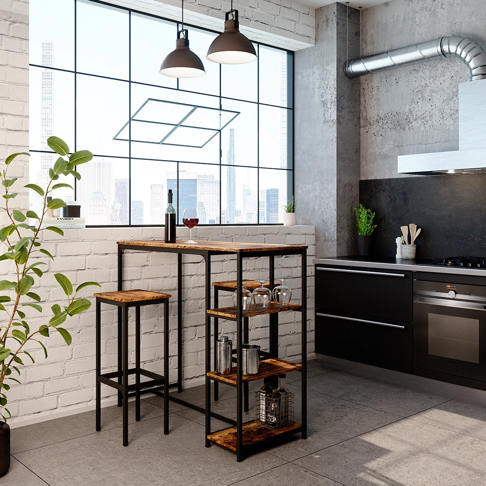 Vicco Tavolo bar con sgabelli Legno antico 120 x 50 cm con ripiani e 2 sgabelli da bar