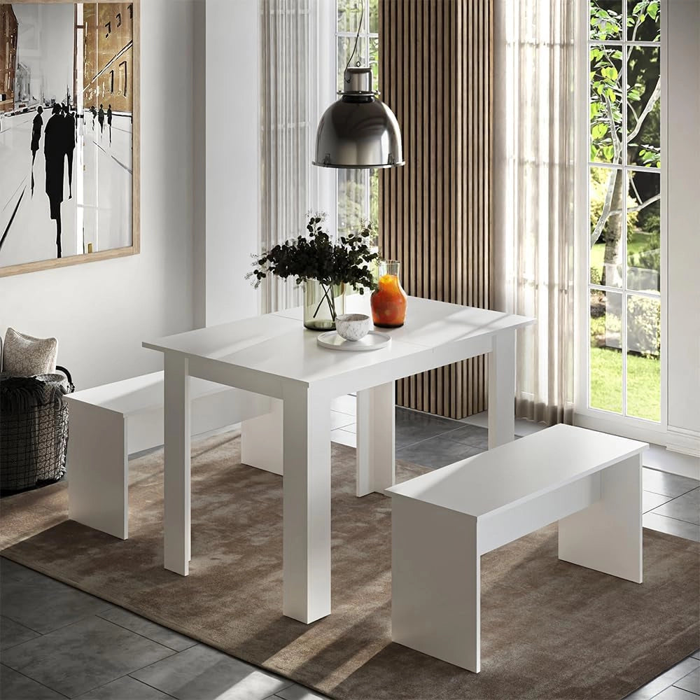 Set di tavoli da pranzo Sentio, Bianco, 112 x 73.6 cm con 2 panche, adatto come set da pranzo per piccoli spazi e cucine