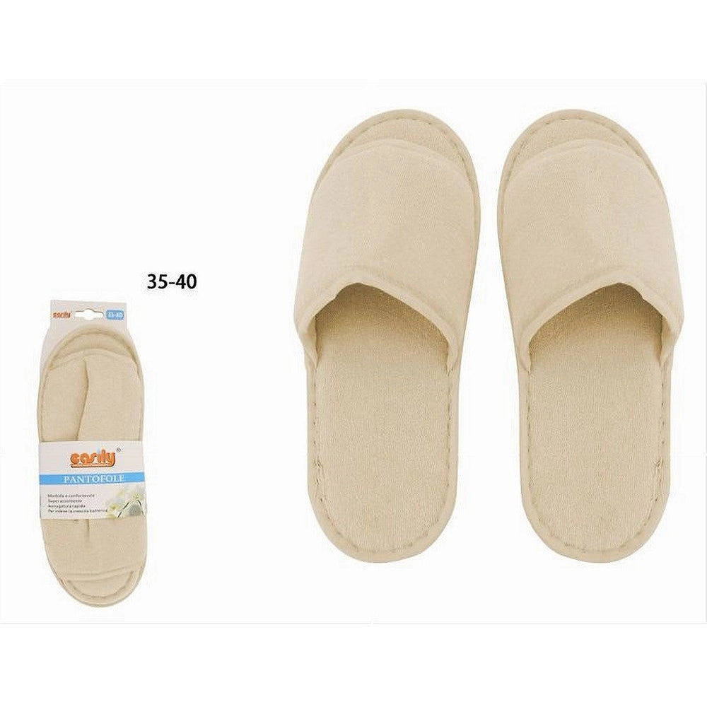Trade Shop - Coppia Pantofole Ciabatte Bagno In Tessuto Beige Taglia 35-40 Stanza Hotel 79675 -