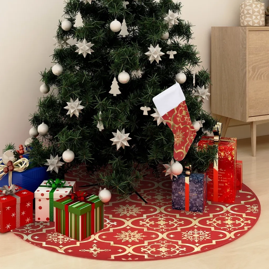 Gonna per albero di Natale di lusso con calza rossa 122 cm in tessuto 330276
