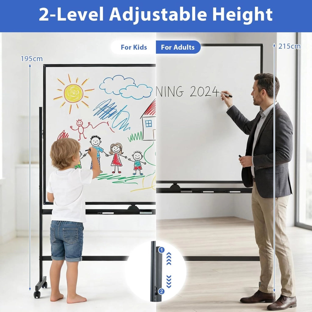 Lavagna bianca magnetica a doppio lato, lavagna mobile con altezza regolabile a 2 livelli, reversibile a 360°, con gomma, pennarelli neri, magneti, per casa, aula, ufficio (150 x 120 cm, nero)