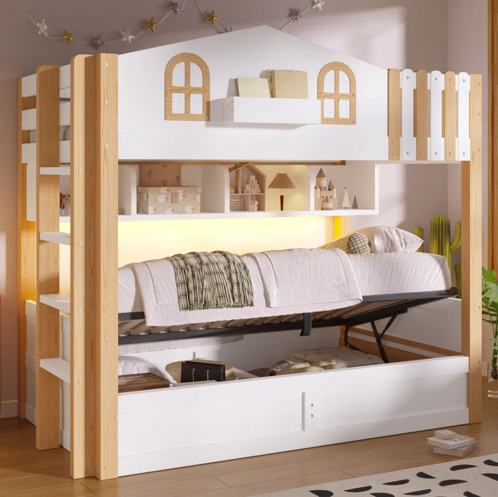 Letto a castello 90x200 cm con vano contenitore idraulico e LED