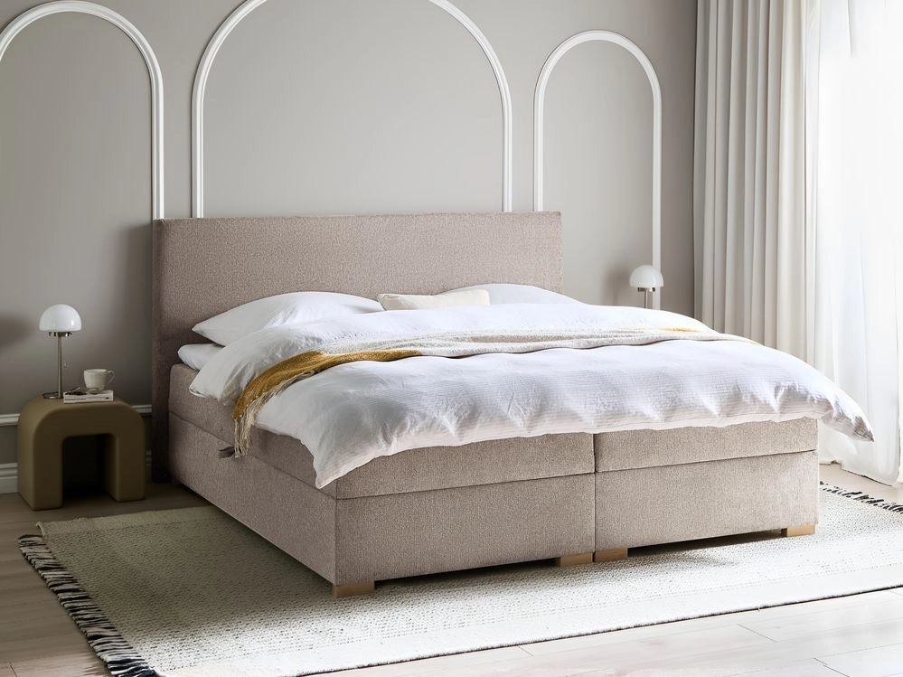 Letto matrimoniale con contenitore sollevabile in tessuto tortora 160 x 200 cm con testiera stile moderno