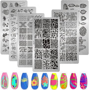 Stempel per unghie 6 pezzi - Piastre per unghie - Disegno leopardo/Geometria/Fiori/Foglie - Acciaio inossidabile - Kit per manicure - 12 cm x 6 cm - Piastre per nail art