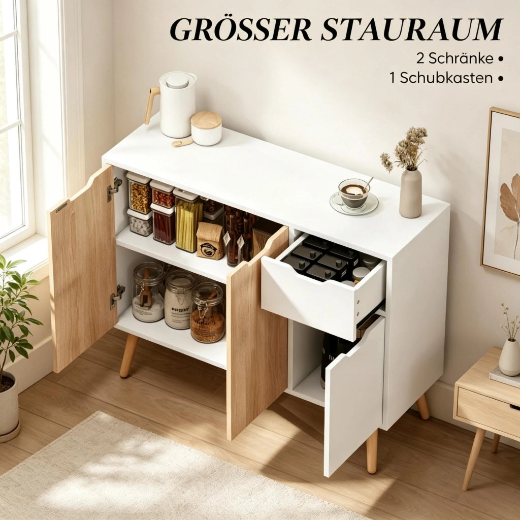 Credenza di design scandinavo, credenza con cassetti e ante, mobile da ingresso, cassettiera