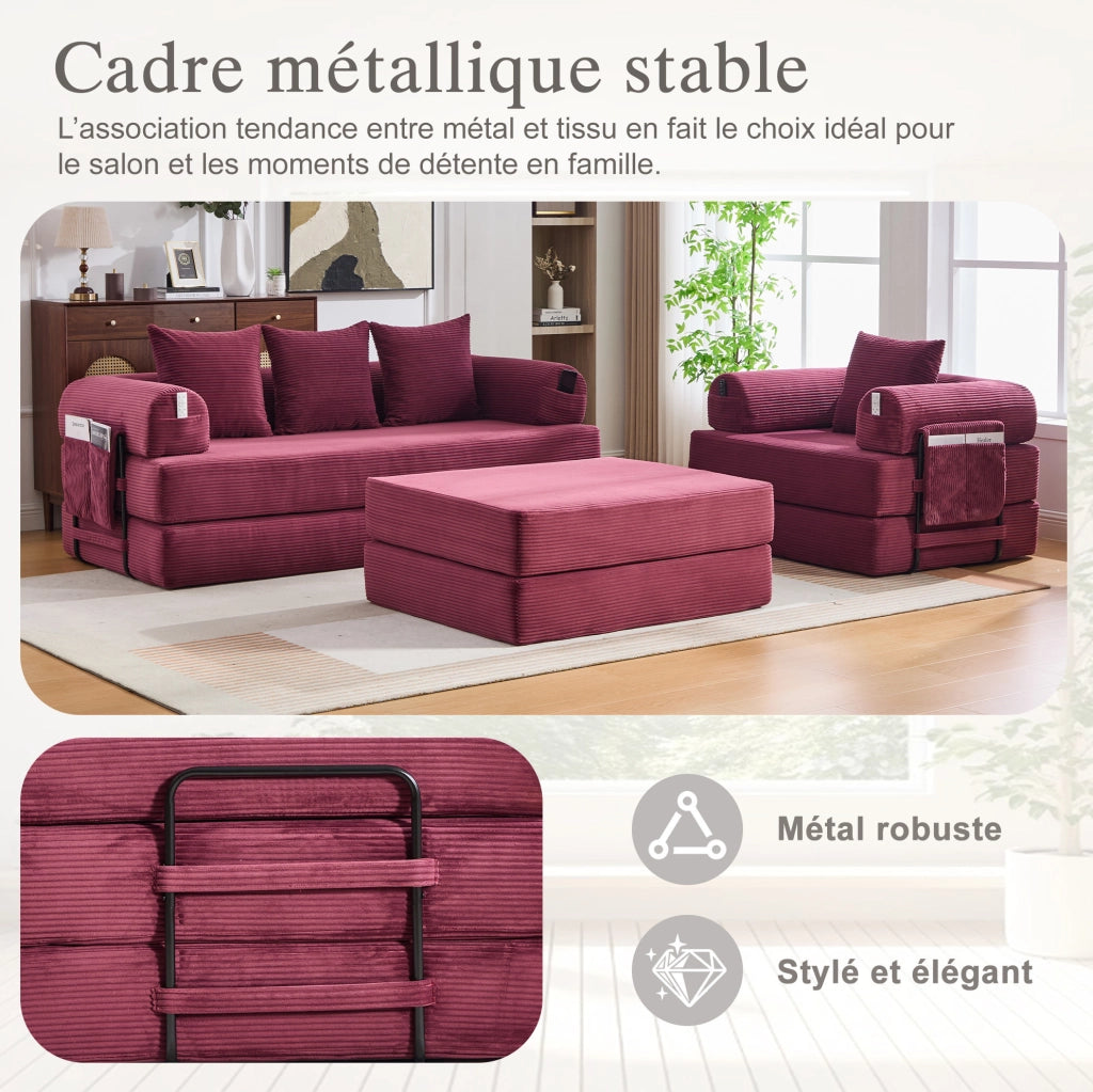 Set divano modulare in velluto a coste con pouf; rosso vino
