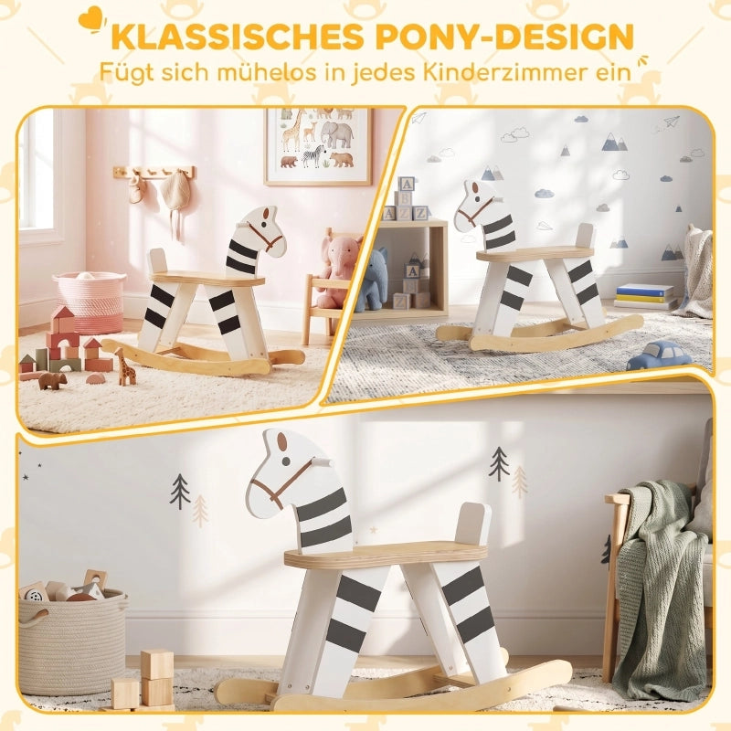 Cavallo a dondolo, animale a dondolo per bambini con maniglie e schienale a forma di pony per bambini da 1,5 a 3 anni, bianco e nero