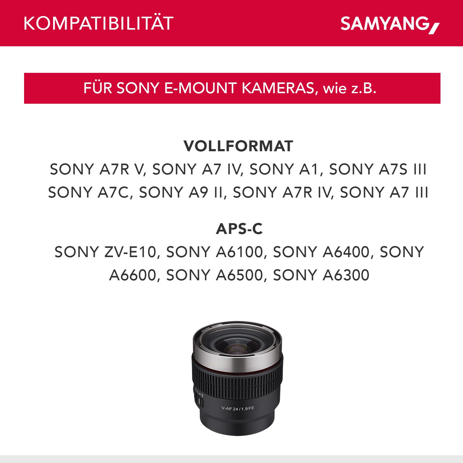 Obiettivo video V-AF 24 mm T1,9 FE compatibile con Sony E, per videocamera, con autofocus risoluzione 8K e Tally lamp, alta intensità luminosa per full-frame e APS-C