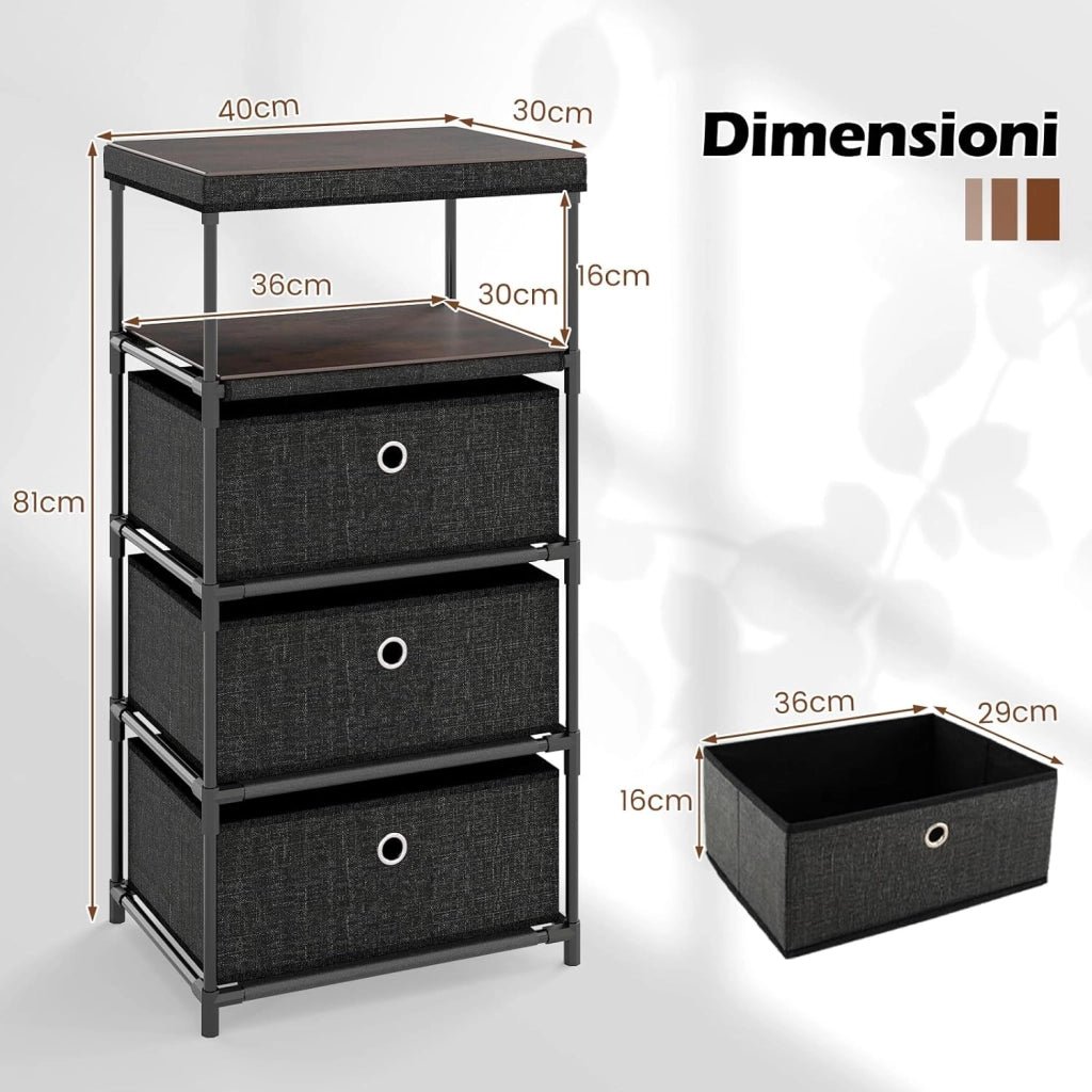Cassettiere in Tessuto con 3 Cassetti Pieghevole, Comò Camera da Letto con Struttura in Metallo, Armadietto Moderno Salvaspazio per Soggiorno, Ufficio e Corridoio (40 x 30 x 81 cm)