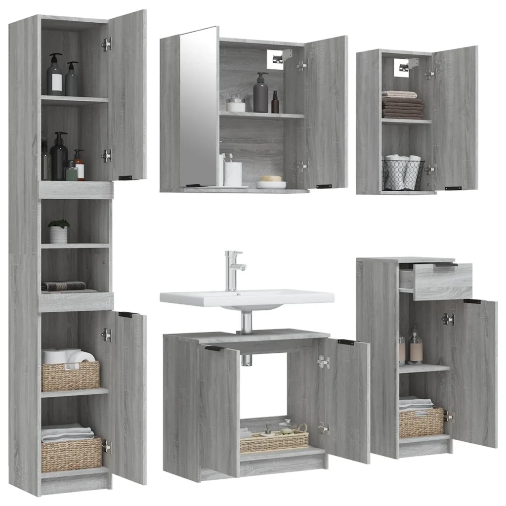 Set Mobili da Bagno 5 pz Grigio Sonoma in Legno Multistrato 3115858