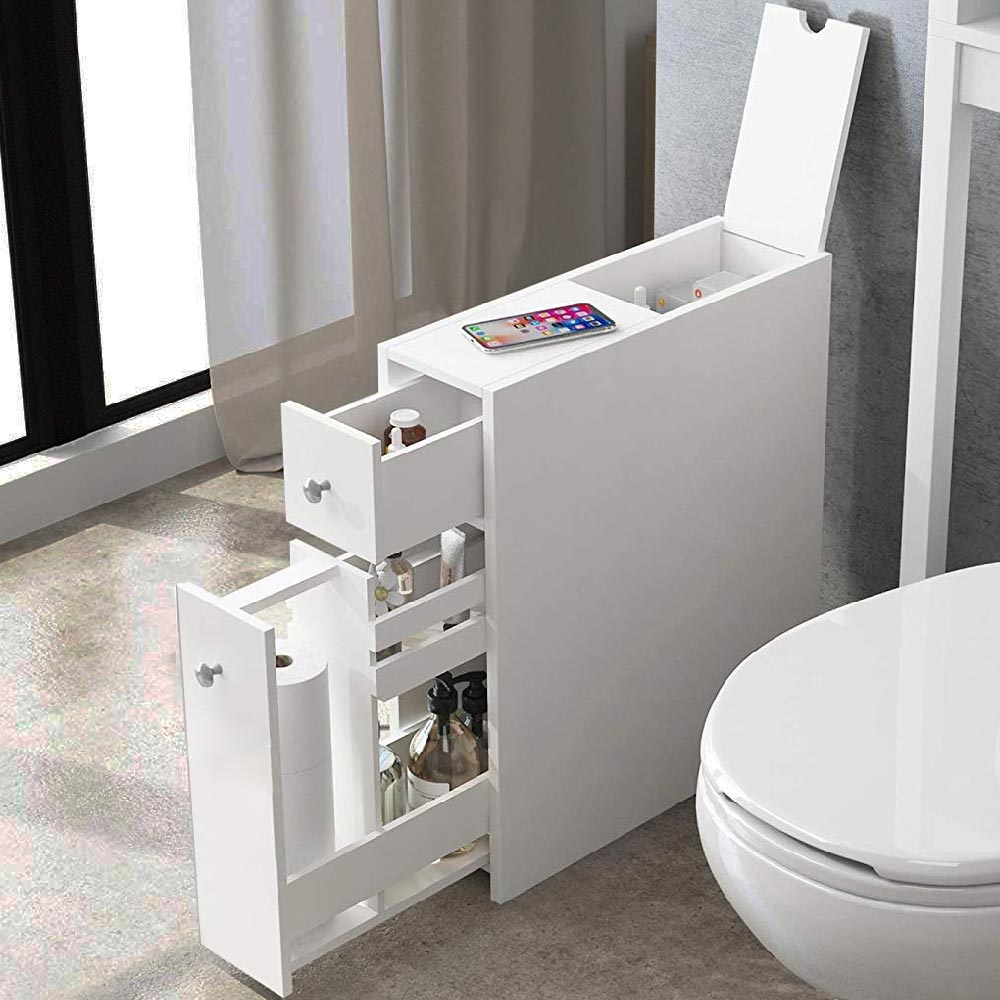 Mobiletto Salvaspazio Bagno Mobile in Legno MDF Bianco con Cassetti 48x16x58cm