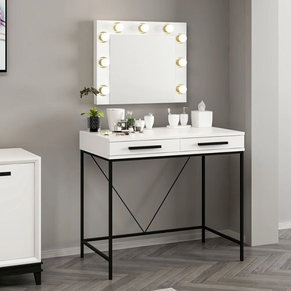 Toeletta da trucco Sane con 2 cassetti bianco con piedi neri e specchio con luci LED lampadine escluse