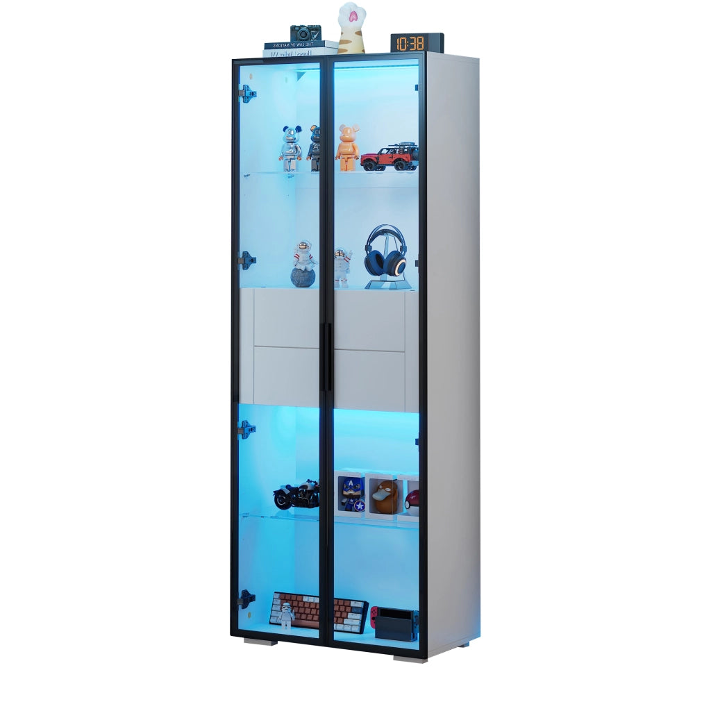 Vetrina con LED, 1 anta in vetro temprato e 2 cassetti, ripiani regolabili, in MDF e vetro, bianco, 60 × 40 × 160 cm