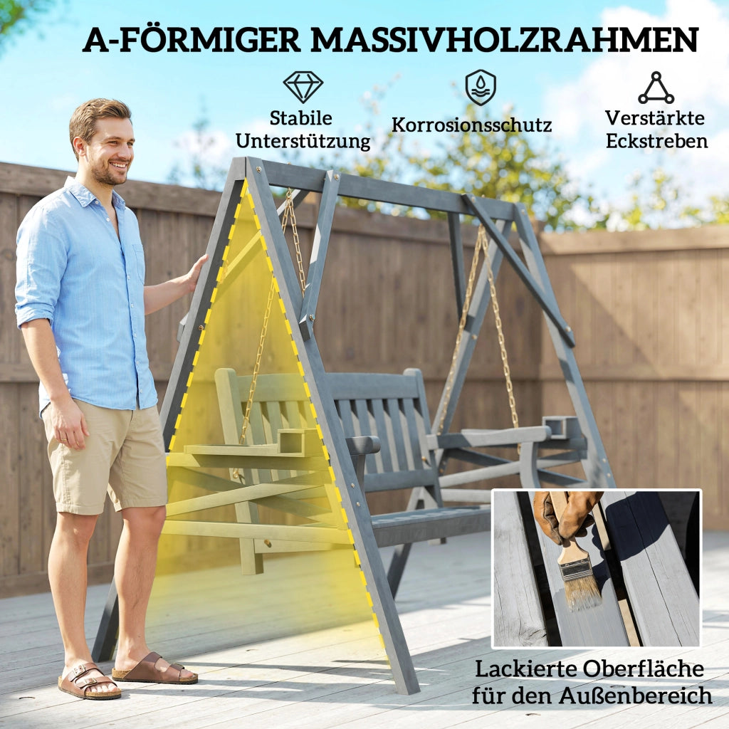 Divanetto a dondolo per giardino 2 posti con ripiani e portabicchieri ¨C zephmum ¨C Legno e metallo grigio 120x80x100 cm